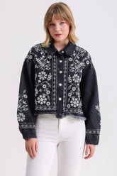 Hatun Atila Kadın İşlemeli Kot Ceket 8571