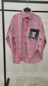 Denim Kalp Yamalı ve Düğme Detaylı Oversize Ekose Gömlek 8599 - Pembe