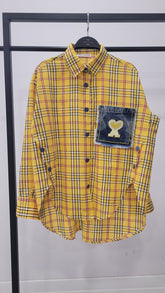 Denim Kalp Yamalı ve Düğme Detaylı Oversize Ekose Gömlek 8599 - Sarı