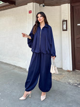 Saten Büzgülü Pileli Bumber Ceket Pantolon Takım 3015 - Lacivert