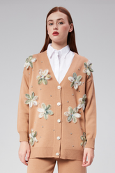 HatunAtila Tül Çiçek Ve İnci Detaylı Triko Hırka Vizon - 3046-1