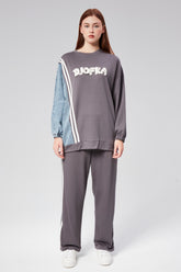 HatunAtila Modal Kumaş ve Kot Garnili Takım - 7843 Koyu Gri