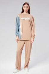 HatunAtila Modal Kumaş ve Kot Garnili Takım - 7843 Kahverengi