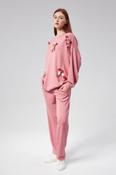 HatunAtila Önü Fiyonklu Aksesuarlı Modal Kumaş İkili Takım - 7847 Pembe