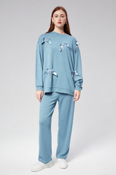 HatunAtila Önü Fiyonklu Aksesuarlı Modal Kumaş İkili Takım - 7847 Mavi