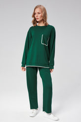 HatunAtila Kroşetalı Cepli Modal Kumaş Takım - 7844 Zümrüt Yeşili