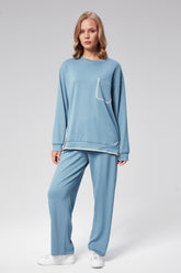 HatunAtila Kroşetalı Cepli Modal Kumaş Takım - 7844 Mavi