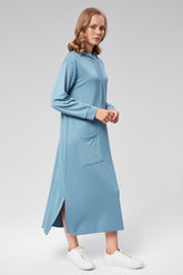 HatunAtila Özel Kumaş Kapüşonlu Ve Cepli Uzun Elbise - 7871 Mavi