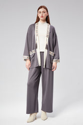 HatunAtila Özel Kumaş İşlemeli Ve Püskül İkili Takım - 7875 Koyu Gri