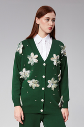 HatunAtila Tül Çiçek Ve İnci Detaylı Triko Hırka Zümrüt Yeşili - 3046-1