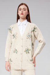 HatunAtila Tül Çiçek Ve İnci Detaylı Triko Hırka Bej - 3046-1