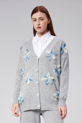 HatunAtila Tül Çiçek Ve İnci Detaylı Triko Hırka Gri - 3046-1