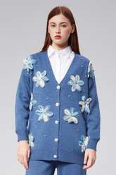 HatunAtila Tül Çiçek Ve İnci Detaylı Triko Hırka Mavi - 3046-1