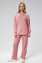 HatunAtila Özel Kumaş Omuzu Çiçek Detaylı İkili Takım - 7855 Pudra