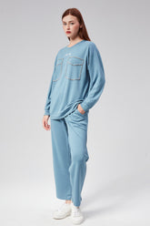 HatunAtila Kristal Taş Çakımlı Nakışlı Modal Kumaş İkili Takım 7848 Indigo