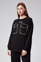 HatunAtila Kristal Taş Çakımlı Nakışlı Modal Kumaş İkili Takım 7848 Siyah