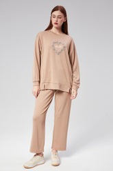 HatunAtila Özel Kumaş Taş Detaylı İkili Takım - 7853 Bej