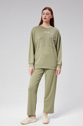 HatunAtila Kristal Taş Çakımlı Nakışlı Modal Kumaş İkili Takım 7848 Yeşil