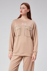 HatunAtila Kristal Taş Çakımlı Nakışlı Modal Kumaş İkili Takım 7848 Bej