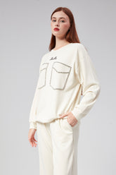 HatunAtila Kristal Taş Çakımlı Nakışlı Modal Kumaş İkili Takım 7848 Beyaz