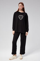 HatunAtila Özel Kumaş Taş Detaylı İkili Takım - 7853 Siyah