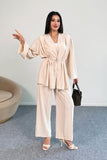 Taşlı Büzgülü Bağlama Detaylı Uzun Kollu Bluz ve Geniş paça Pantolon İkili Takım 8022 - Bej