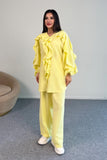 Fırfır Detaylı Uzun Kollu Bluz ve Geniş Paça Pantolon İkili Takım 8023 - Sarı
