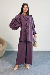 Fırfır Detaylı Uzun Kollu Bluz ve Geniş Paça Pantolon İkili Takım 8023 - Mürdüm
