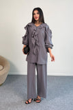 Fırfır Detaylı Uzun Kollu Bluz ve Geniş Paça Pantolon İkili Takım 8023 - Gri
