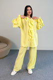 Fırfır Detaylı Uzun Kollu Bluz ve Geniş Paça Pantolon İkili Takım 8023 - Sarı