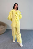 Fırfır Detaylı Uzun Kollu Bluz ve Geniş Paça Pantolon İkili Takım 8023 - Sarı