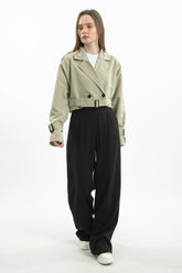 Oversize Kısa Kruvaze Kesim Kemerli Trençkot 7701 - Yeşil