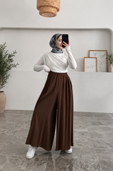 Beli Lastikli Geniş Paça Modal Etekli Pantolon 8809 - Kahverengi