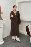 Kadın V Yaka Belden Bağlamalı Gold Detaylı Geniş Kol Jakarlı Desenli Uzun Kimono 9088 - Kahverengi
