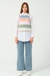 HatunAtila Renkli Örgü Süveter 4730 Pudra