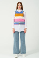 HatunAtila Renkli Örgü Süveter 4730 Ekru