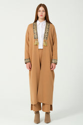 HatunAtila Sim ve Pul Detaylı Uzun Triko Hırka 3058 Taba