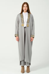 HatunAtila Sim ve Pul detaylı Uzun Triko Hırka 3058 Gri