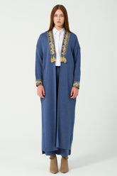 HatunAtila Sim ve Pul detaylı Uzun Triko Hırka 3058 İndigo