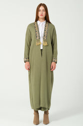 HatunAtila Sim ve Pul Detaylı Uzun Triko Hırka 3058 Yağ Yeşili