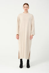 HatunAtila Desenli Kesim Bacak Yırtmaçlı Uzun Triko Elbise 25105 Bej