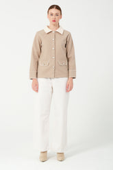 HatunAtila Kroşetalı Gömlek Yaka Cepli Görünüm Kaşe Ceket 7859 Vizon