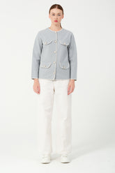 HatunAtila Kroşetalı Dört Cep Görünümlü Kaşe Ceket 7867 Buz Mavisi