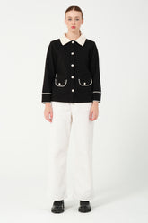 HatunAtila Kroşetalı Gömlek Yaka Cepli Görünüm Kaşe Ceket 7859 Siyah