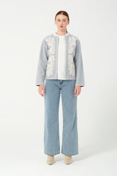 HatunAtila İşlemeli Kaşe Ceket 7862 Buz Mavisi