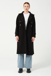 HatunAtila Pelerin Detaylı Ayaklı Yaka Kruvaze Kaban 7873 Siyah