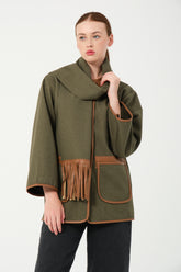 HatunAtila Atkılı Deri Detaylı Cepli Kaşe Ceket 7869 Yeşil