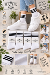 Unisex Çizgili Pamuklu Beyaz Tenis Çorap Seti 4’lü Ekonomik Paket Beyaz 16005