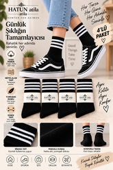 Unisex Çizgili Pamuklu Beyaz Tenis Çorap Seti 4’lü Ekonomik Paket Siyah 16005