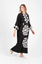 HatunAtila Süzene İşlemeli Püsküllü Oversize Uzun Elbise Büyük Beden - 5092 B Siyah